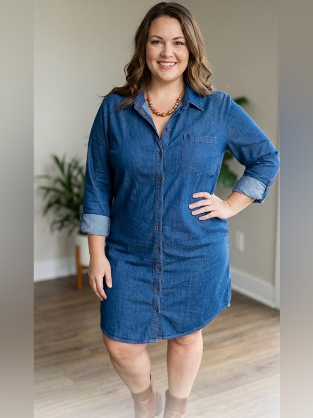 Blue button-front shirt dress, size 3X.